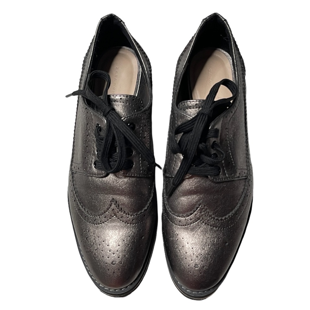 Zara Woman Metallic Pewter Wedge Platform Wingtip Oxford Shoes Womens Size EU 39